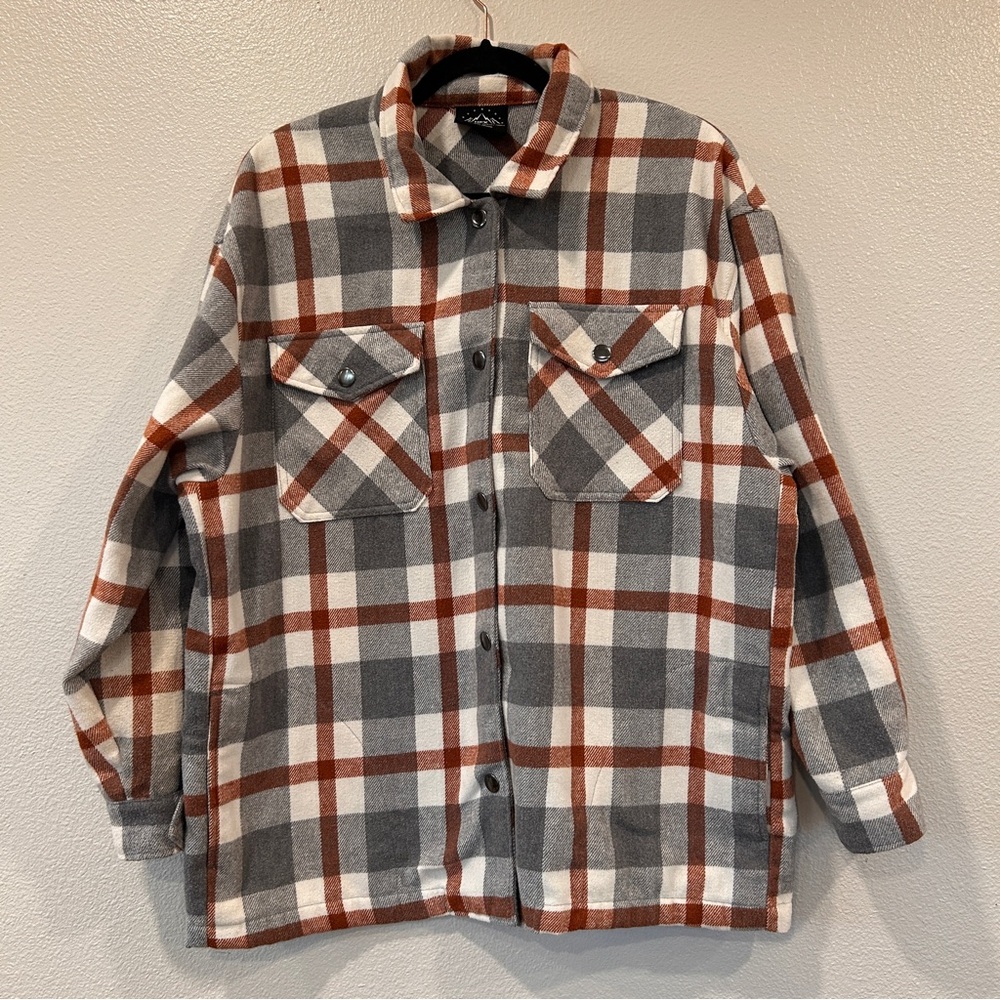 HFX Plaid‎ Shacket Gray Brown Cream Snap Front Womens Size M Oversize 1534711